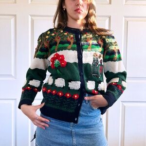 Vintage 80s Hand Kint Embroidered Colorful Cardigan Sweater